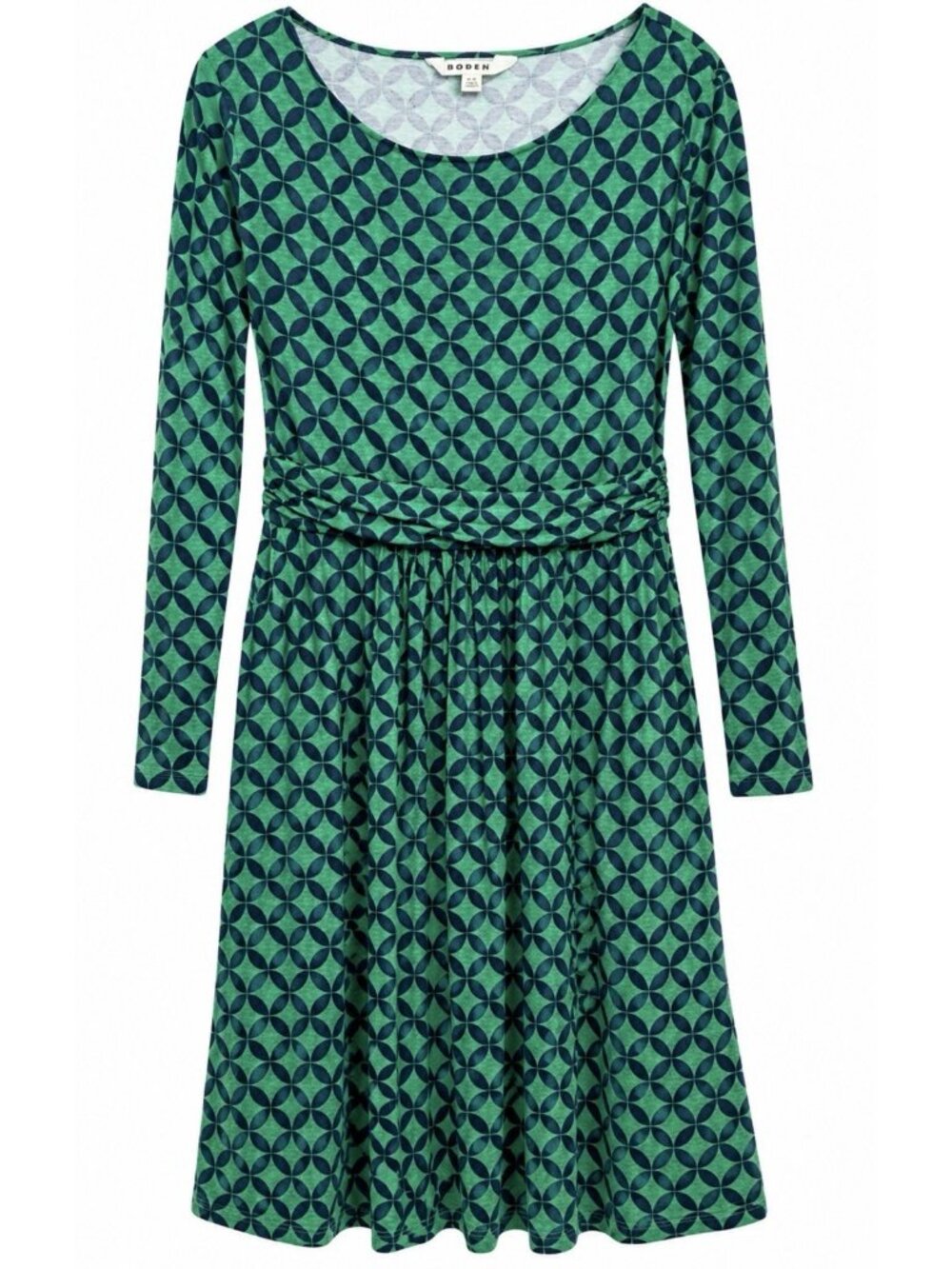 BODEN Abigail Stretch Jersey Knit Dress Size 14P Green Diamond Long Sleeve